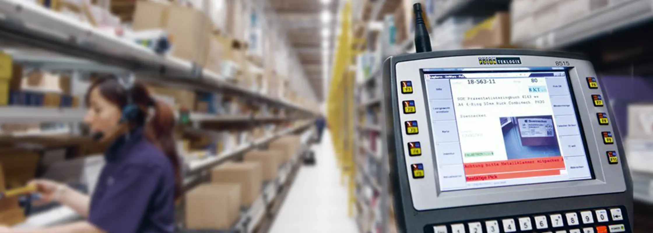 Mitarbeiterin im Lager mit Handscanner, daneben die Bestellmaske