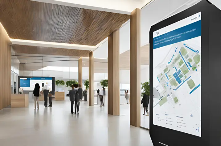 Digital-Signage-Stele mit Lageplan im Foyer, dahinter weitere Bildschirme
