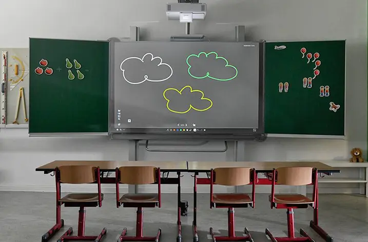 Klassenzimmer mit interaktivem Display zwischen zwei grünen Tafelflügeln