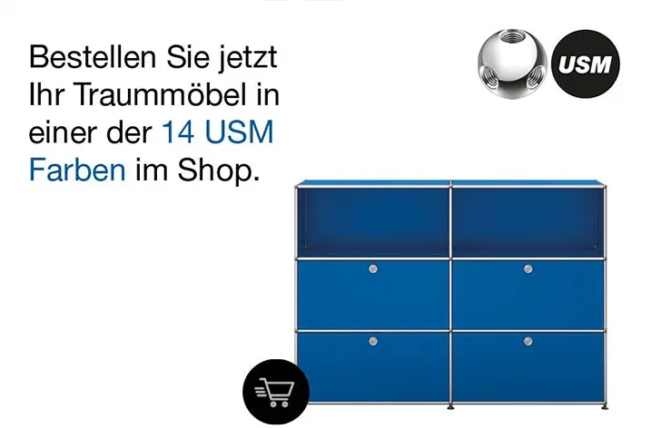 Werbegrafik „Bestellen Sie jetzt Ihr Traummöbel in einer der 14 USM Farben im Shop“