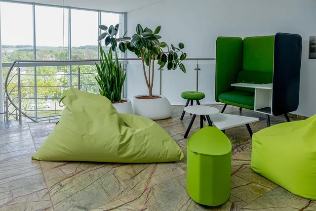 Loungebereich mit grünen Sitzsäcken, Akustiksofa und Pflanzen am Fenster