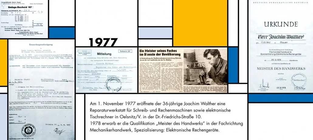 Bildtafel 1977: Urkunden, Meisterbrief und Zeitungsartikel zur Gründung der Reparaturwerkstatt