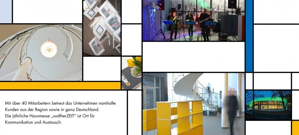 Bildtafel zur Gegenwart: Wendeltreppe, Live-Band der Hausmesse „waltherZEIT“ und gelbe Regalwürfel
