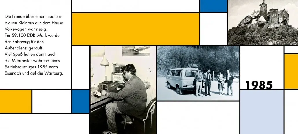 Bildtafel 1985: Betriebsausflug nach Eisenach, Mitarbeiter vor dem VW-Kleinbus