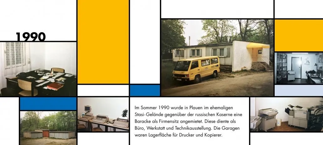 Bildtafel 1990: gelber Kleintransporter vor der angemieteten Baracke auf dem früheren Stasi-Gelände