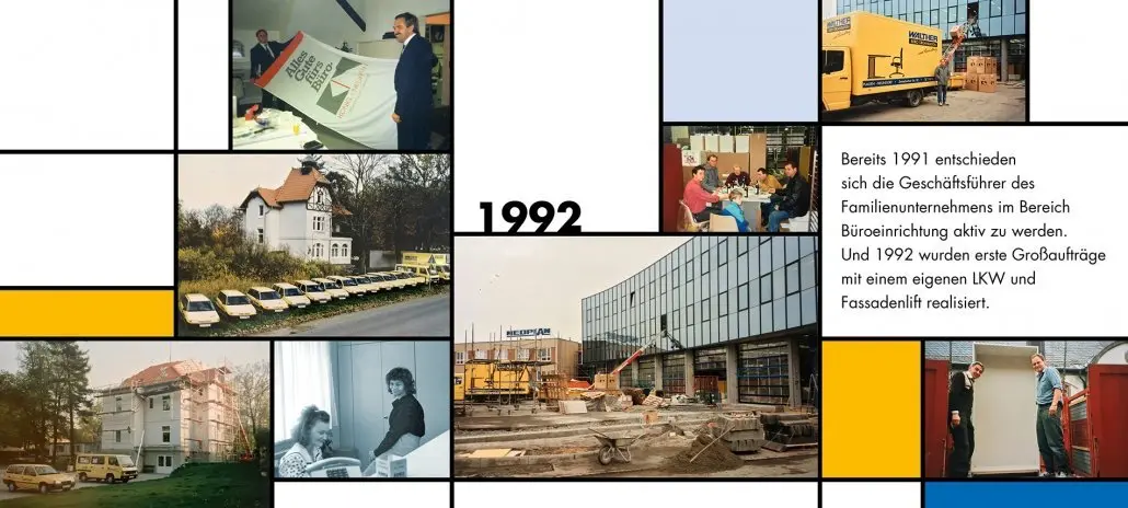 Bildtafel 1992: Fuhrpark, Baustelle und erste Großaufträge mit eigenem LKW und Fassadenlift