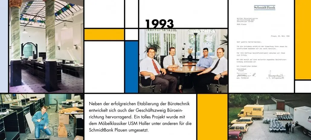 Bildtafel 1993: die Geschäftsführer am runden Tisch, daneben das Dankschreiben der SchmidtBank