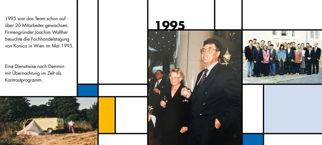 Bildtafel 1995: Firmengründer Joachim Walther auf der Konica-Fachhandelstagung, daneben das Team